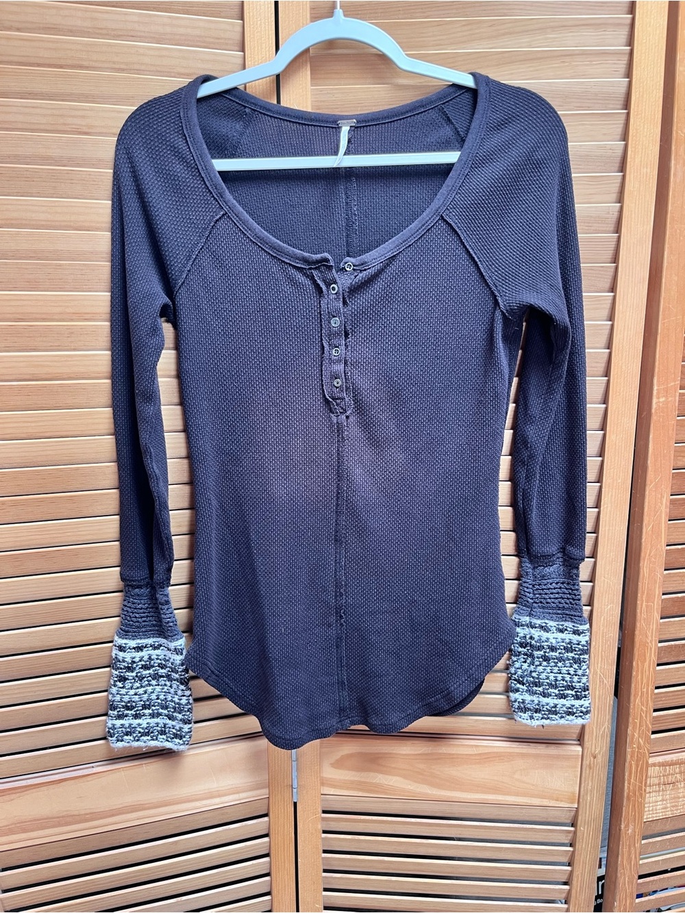 Free People Black Thermal Henley Top with Patterned Cuffs